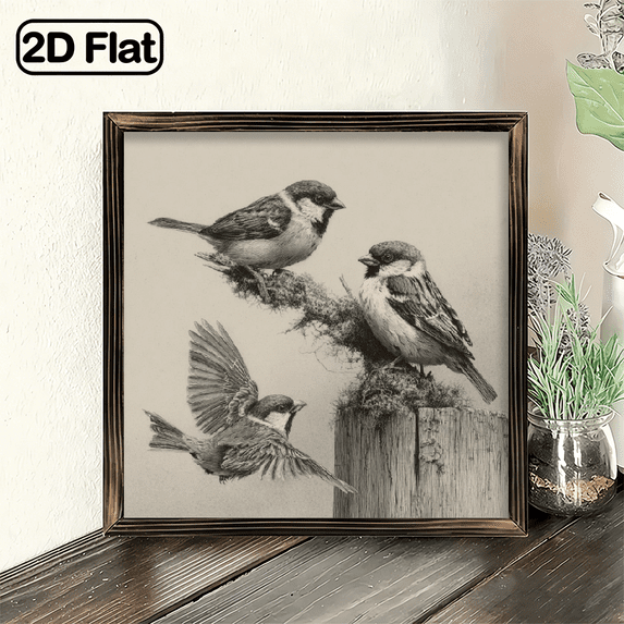 2D Flat, Vintage Birds Sketch Framed Art Print, 8x8 Inch Decorative Signs & Plaques, Black White Nature Wildlife Wall Decor for Living Room Bedroom Office, Rustic Animal Artwork Gift for Nature