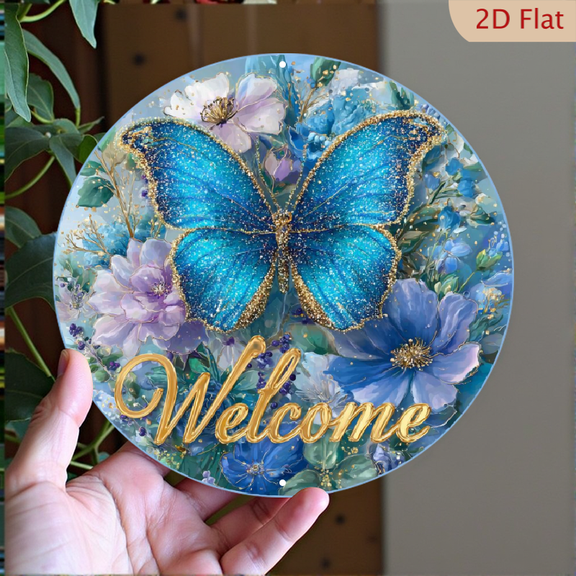 , Vintage Blue Butterfly Floral Welcome Metal Wall Art Sign - Turquoise Golden Round Aluminum Hanging Decor with Welcome Message, Elegant Cursive Lettering for Home, Office, Window - Mother