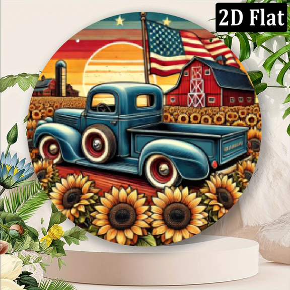 2D Flat Vintage Blue Truck Sunflower Metal Wall Art - 8x8 American Flag Rustic Barn Design, Aluminum Sign for Bar, Cafe, Gym Decor, Perfect for Room Decor