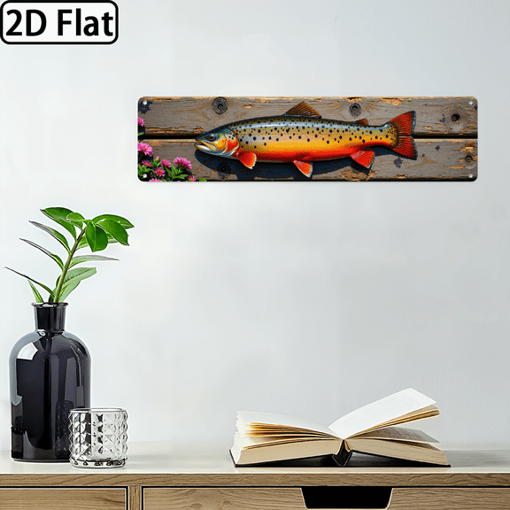 2D Flat,Vintage Brown Trout Fish Metal Wall Decor - Rustic Farmhouse Kitchen, Cabin, or Gothic Decoration - Large 16x4 Inch (40x10cm) - Pre-Drilled Hanging - Brown Golden Trout Sign - Perfect