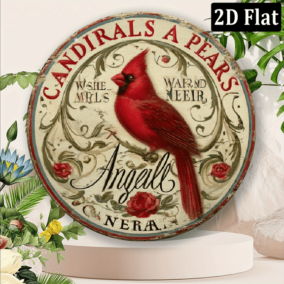 2D Flat, Vintage Cardinal Sign Rustic 8x8in Vintage Cardinal Aluminum Metal Sign Durable Hanging Plaque with Inspirational Message, Red Cardinal Floral Wreath Design for Home, Garden