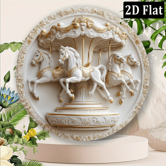 2D Flat, Vintage Carousel Horse Aluminum Wall Sign - 8x8 Inch Round Metal Decor with Ornate Design, White Golden Accents - Perfect for Home, Office, Kitchen Living Room - Ideal Gift for Holidays