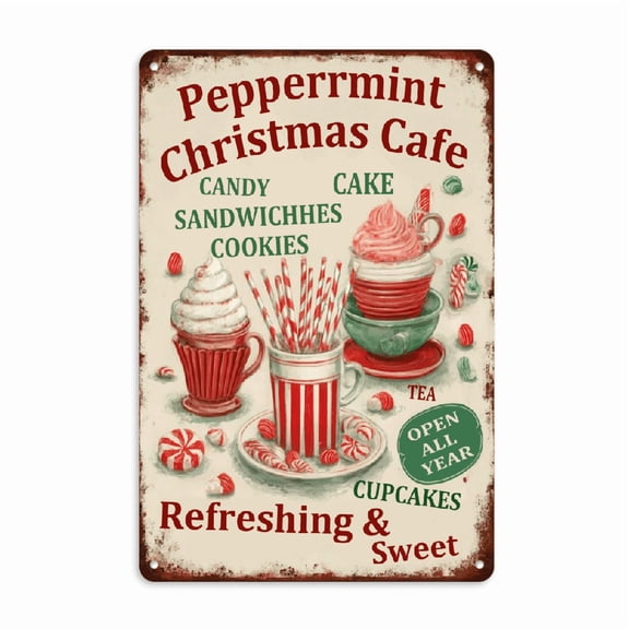 2D Flat, Vintage Christmas Cafe Metal Wall Art 8x12 Inch Rustic Iron Sign with Peppermint Theme, Refreshing Sweet Design, Perfect for Home, Garage, or Outdoor Decor Unique Holiday Gift Idea