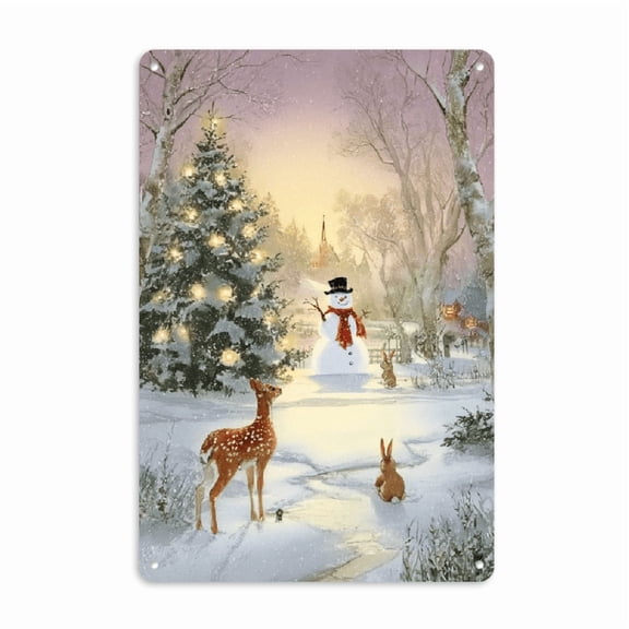 2D Flat, Vintage Christmas Metal Wall Art Sign - 8x12 Inch Winter Wonderland Snowman, Reindeer Deer Forest Scene with Twinkling -Like Stars, Pre-Drilled Holes for Easy Hanging