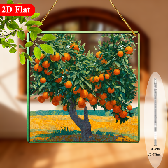 2D Flat, Vintage Citrus Tree with Oranges Square Acrylic Sign - Suncatcher Window Wall Decor, Farmhouse Style Fruit-Filled Tree Art, HousewarmingBirthdayHostess Gift, Orange-Themed Home Decoration