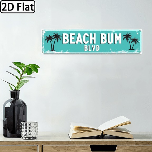 2D Flat, Vintage Coastal Metal Wall Art Sign - Beach Bum Blvd Retro Decor with Palm Trees, Distressed Turquoise Blue Finish - IndoorOutdoor Decoration for Man Cave, Cafe, Beach House - Durable Wea