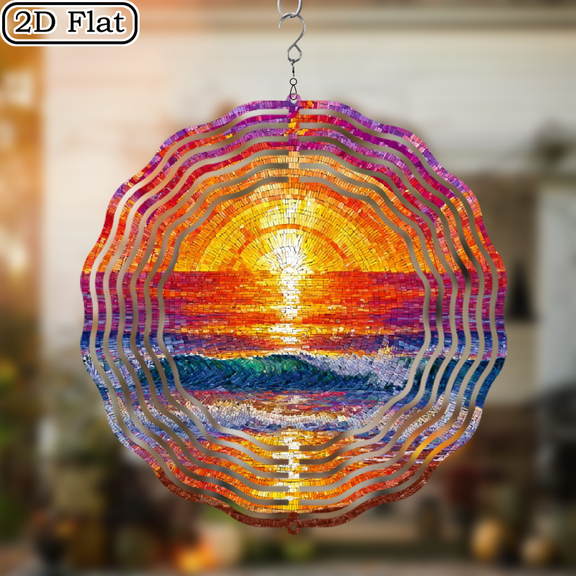 2D Flat, Vintage Coastal Metal Wind Chime - 360 Rotating Ocean Sunset Decor with Wind-Powered Hanging Decoration for Home, Patio, Beach House - Perfect Housewarming, Christmas, Wedding Gift - St