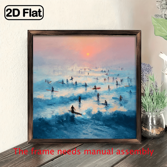 2D Flat, Vintage Coastal Surf Sunset Wall Art - 8x8 inch Wood Framed Beach Scene with Sailboards Waves, Recycled Wood Decor for Living Room, Office, Cafe - Easy Installation, Perfect Gift for Home