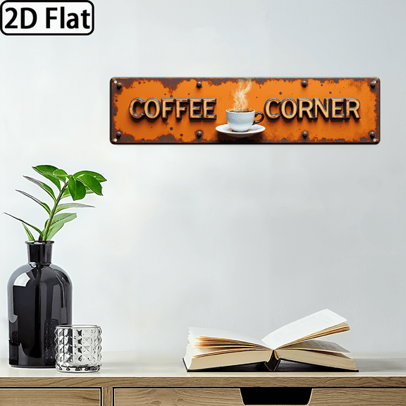 2D Flat, Vintage Coffee Corner Metal Wall Sign - 4x16 Inch Rustic Cafe Decor with Coffee Cup Steam Letters - Heavy-Duty Aluminum Retro Kitchen Art for Home, Office, Restaurant - Easy Mounting Ha