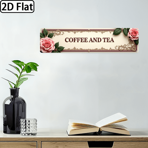 2D Flat, Vintage Coffee and Tea Metal Sign - Elegant Floral Decoration with Beige Background - Large 4x16 Inch Rustic Farmhouse Cafe Decor - Pre-Drilled Holes for Hanging or Tabletop - Kitchen