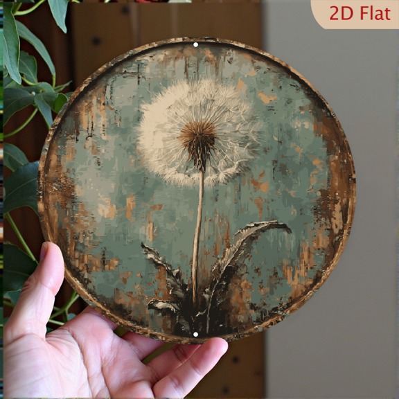 2D Flat Vintage Dandelion Metal Sign - Rustic RoundAluminum Wall Decor, 8X8 Inch Autumn Garden Yard Art for Home Living Room, Holiday Gift Idea, Dandelions Decor, Best for Christmas