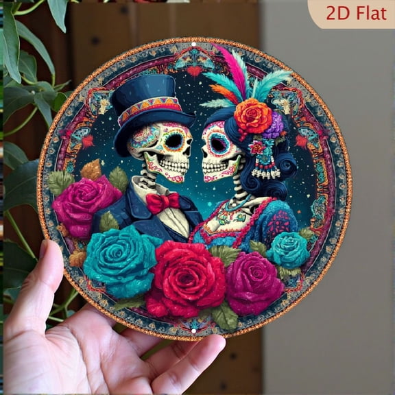 2D Flat Vintage Day of the Dead Skull Couple 8 Round Metal Sign - Perfect for Front Door, Porch, Living Room Bedroom Decor Ideal Gift for Men, Women Friends, Perfect for Room Decor