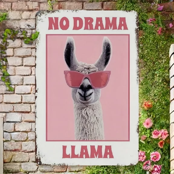 2D Flat Vintage No Drama Llama Tin Sign Wall Art - 8x12 Inch Funny Metal Decor with Pink Fashion Glasses & Distressed Edges, Rustic IndoorOutdoor Decor for Home, Cafe, Garage Metal plaque