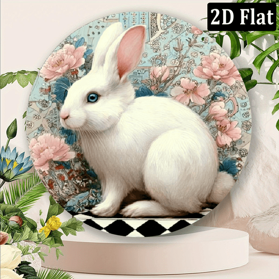 2D Flat, Vintage Easter Bunny Floral Round Wall Art - 8x8 Inch No Electricity Metal Sign Decor for Home, Office, Party - Christmas, Halloween, Valentine's Day.
