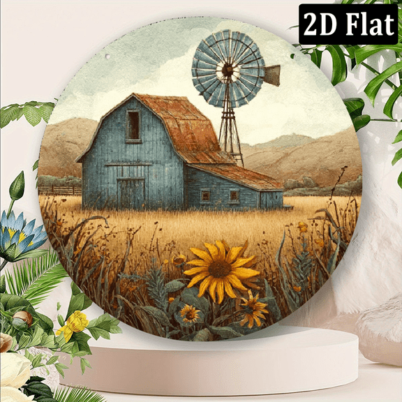 2D Flat, Vintage Farmhouse Metal Windmill Barn Round Wall Art - 8x8 Inch Aluminum Plaque with Rustic Barn Scene, Sunflowers, and Pastoral Charm for Home Outdoor Decor