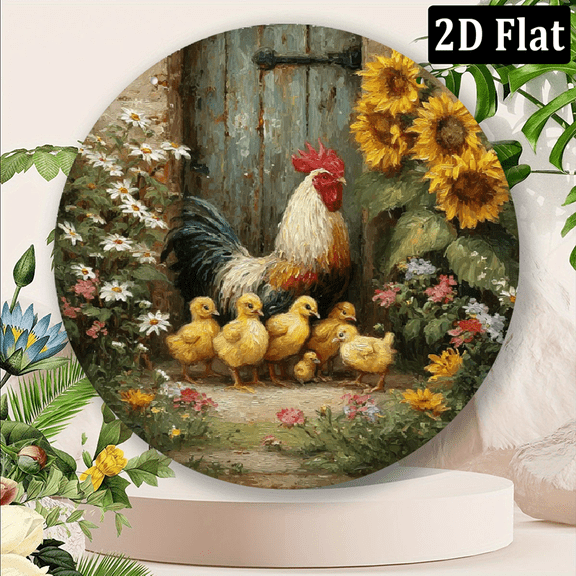 2D Flat, Vintage Farmhouse Round Wall Sign - 8x8 Inch Rustic Rooster Chicks Floral Sunflower Art, Artificial Wood Home Decor for Mother's Day, Graduation Gifts, Cafe Office, Rustic Farmhouse Decor
