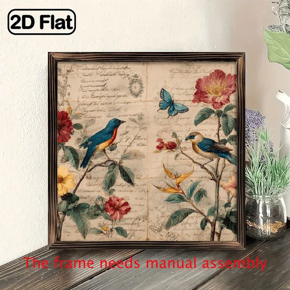 2D Flat, Vintage Floral and Bird Illustration Framed Poster - 8x8 Inch Wooden Frame Wall Art, Perfect Mother'S Day Gift for Bathroom Decor, Rustic Home Accent with Colorful Flowers and Birds, Bath