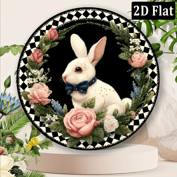 2D Flat, Vintage Floral Easter Bunny Round Metal Wall Art Textured Black White Checkered Sign with Pink Roses Daisies, Durable Retro Garden Home Decor Unique Housewarming Gift for Spring Easter, Bun