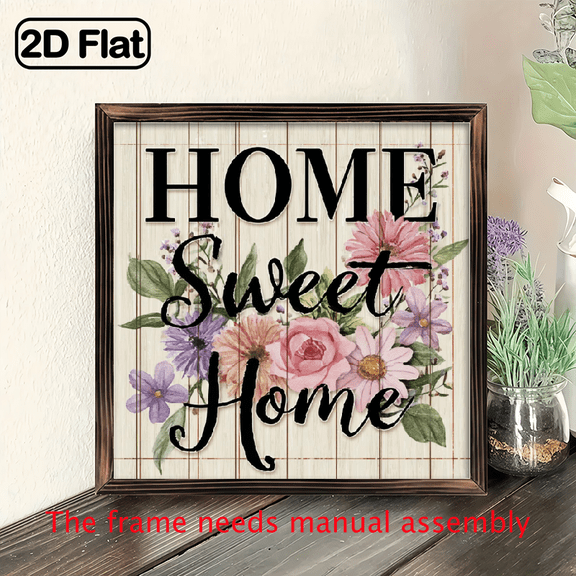 2D Flat, Vintage Floral HOME Sweet HOME Wooden Sign - 8x8 Inch Framed Wall Decor with Pink, Purple Green Floral, Rustic Charm for Living Room, Bedroom, Office, or Entryway - Ideal Gift to Enhan