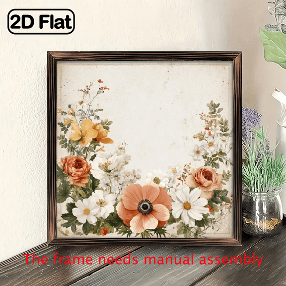 2D Flat, Vintage Floral Rustic Wood Wall Art - Farmhouse Framed Sign with Pink Peach Flowers, Green Foliage White Background - Cozy Home Decor for Bedroom, Kitchen, Bathroom - Perfect Housewarming