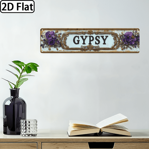 2D Flat, Vintage GYPSY Metal Wall Decor Sign 16x4in Elegant Floral Decoration, Easy Hang with Pre-Drilled Holes Home, Cafe, Office.