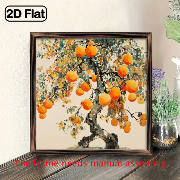 2D Flat, Vintage Golden-Framed Persimmon Tree Art - Colorful Ink Style with Meticulous Detail, Perfect for Living Room Decor, 8x8 inches, for Return School