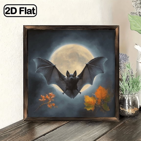 2D Flat, Vintage Gothic Bat Moon Wall Decor Dark Moody Night Sky Framed Poster with Golden-Brown Moon Rustic Farmhouse Decoration No Electricity Needed Perfect for Living Room, Entryway