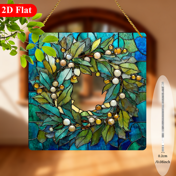 2D Flat, Vintage Green Leafy Wreath with Yellow Berries Square Acrylic Suncatcher - StainedStyle Window Decor, Wall-Mountable -Catching Panel for Easter, Spring Garden Party, Outdoor Hanging Decora