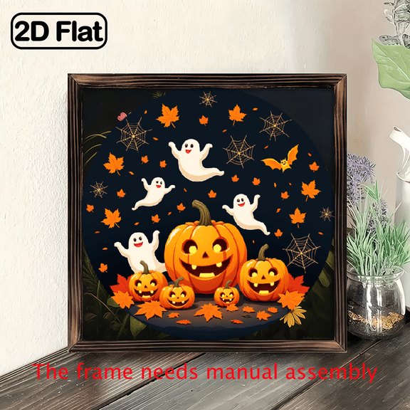 2D Flat, Vintage Halloween Wooden Wall Decor - Spooky Jack-O'-Lanterns, Bats, Ghosts, Autumn Leaves - Easy Hang IndoorOutdoor Fall Halloween Party Decoration - No Electricity Needed - Natural Wood