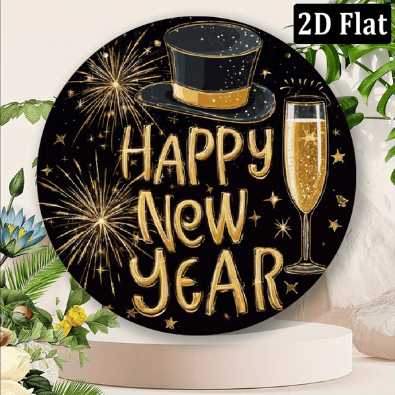 2D Flat Vintage Happy New Year Sign, 8x8 Inch Round Metal Tin Wall Hanging Decor with Pre-Drilled Hole, Multipurpose Indoor Outdoor Decorative Signs & Plaques for Christmas, St Patrick'S Day, Ram