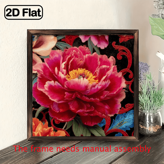 2D Flat, Vintage Heart-Shaped Acrylic Suncatcher Sign with Peony Floral Butterfly Design - Vibrant Red, Pink, Orange, Yellow, Green, Brown Colors - 2D Flat Wall or Window Hanging Decor for Home, G
