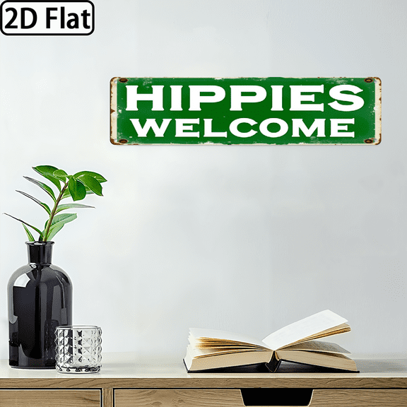 2D Flat, Vintage Hippie Welcome Sign - Retro 60s70s Inspired Metal Wall Decor with Distressed Green Background White Letters - Entryway Hanging Art for Home, Cafe, Garden, Front Door - Easy Instal