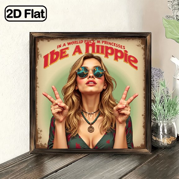 2D Flat Vintage Hippy Decorative Bohemian Design Wooden Framed Sign, 8x8 Inch Wall Art for Farmhouse Living Room Bedroom Garage Garden Office, Ideal Gift for Family Friends