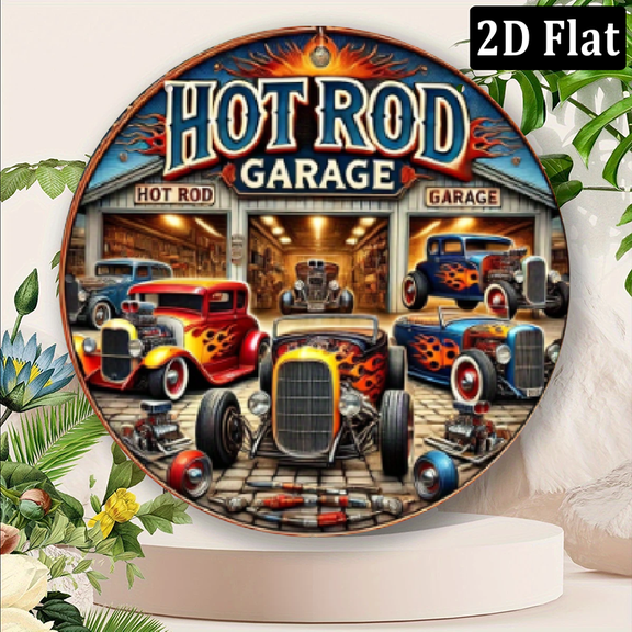 2D Flat Vintage Hot Rod Garage Scene Metal Wall Art - 8x8 Inch Round Aluminum Sign with Classic Cars Flames, Retro Garage Background, Perfect for Indoor_Outdoor Decor in Restaurants, Bars, Cafes