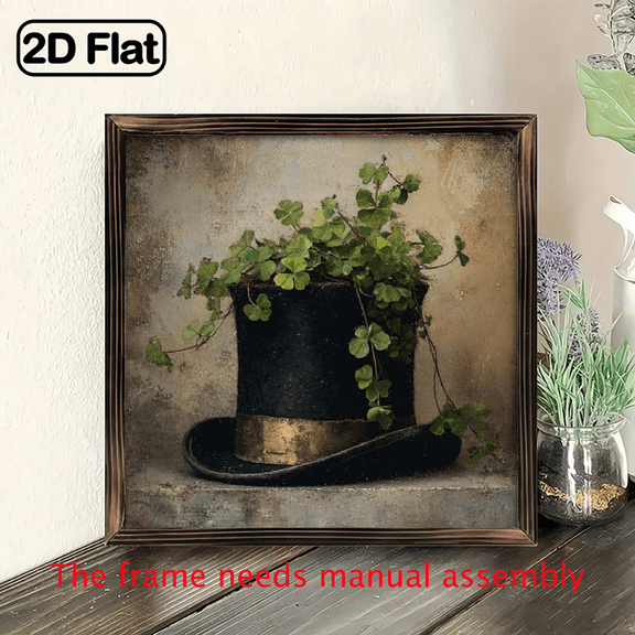 2D Flat Vintage Irish Hat Shamrock Wall Art, 8x8, Rustic Wooden Framed Decorative Painting, Multi-Purpose for St Patrick'S Day Seasonal Celebrations, Festive Room Decoration
