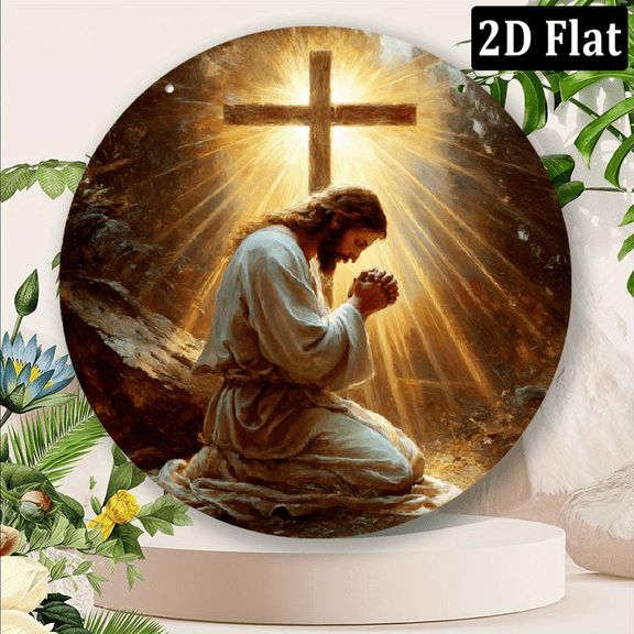 2D Flat, Vintage Jesus Praying Circular Metal Wall Art Sign - Radiant Light Design, Easy to Hang, Ideal for Home, Bar, Cafe, Restaurant Celebrations Decor, Perfect Gift Idea, Inspirational Wall
