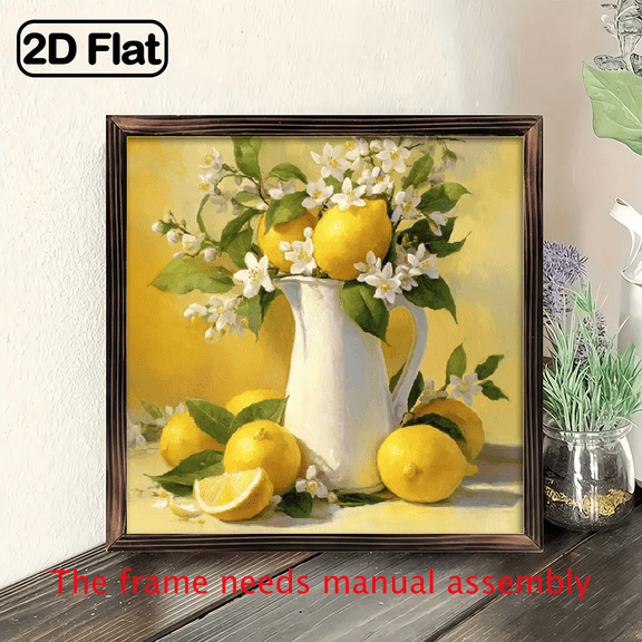 2D Flat Vintage Lemon White Flower Still Life Canvas Art Print. wooden board painting, Ideal for Living Room Bedroom Decor, Perfect Holiday Gift.