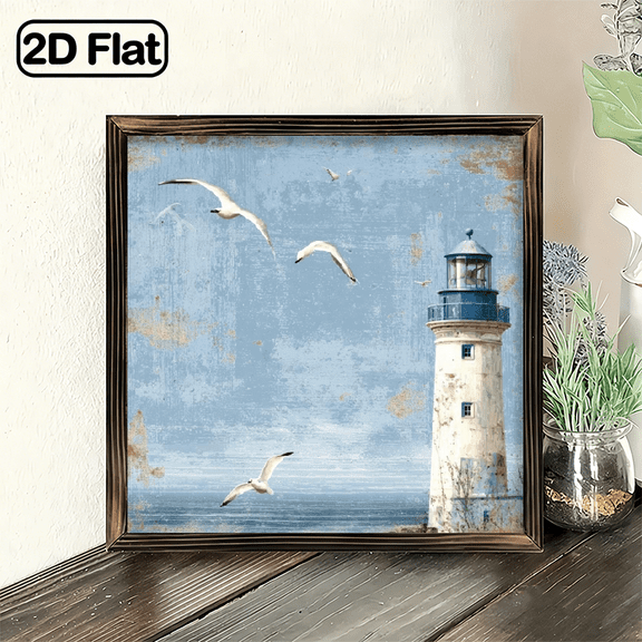 2D Flat, Vintage Lighthouse Seagull Wooden Wall Hanging - Rustic Coastal Nautical Decor, 8x8 Inch Recycled Wood Frameless Lighthouse with White Blue Lighthouse, Seagulls, Horizontal Beach House