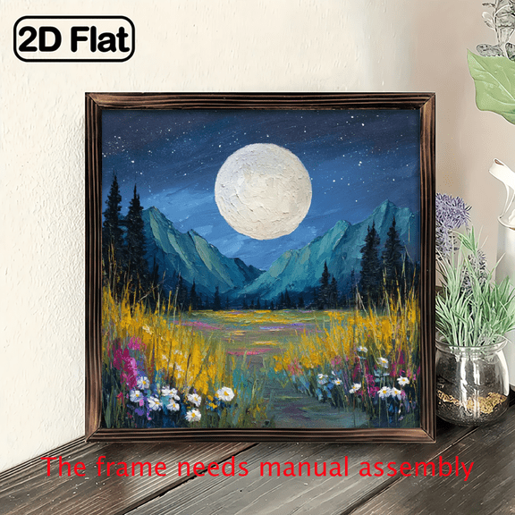 2D Flat, Vintage Moonlit Forest Wall Art - 8x8 Inch Wooden Framed Night Scene Painting with Wildflowers Full Moon, Dark Golden Hues, Home Decor for Farmhouse, Cafe, Bedroom, Bathroom - No Electric