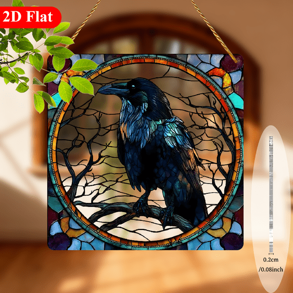 2D Flat, Vintage Mysterious Crow in Yellow Orange Sky Square Acrylic Suncatcher Sign - Wall-Mountable Window Art with Crow Design, FallHalloweenChristmas Decoration for home, Office