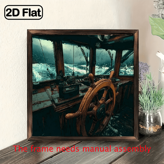 2D Flat, Vintage Nautical Fishing Boat Wall Art - Rustic Wood Frame Canvas Print with Steering Wheel Instrument Panel, Ready-to-Hang Indoor/Outdoor Decor for festival Dcor.