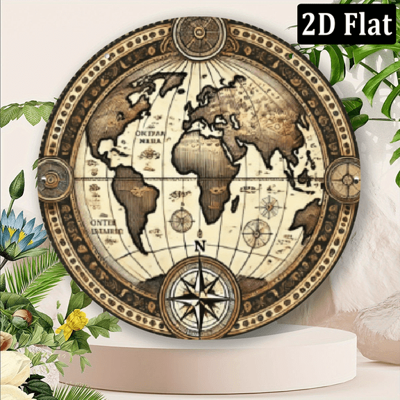 2D Flat Vintage Nautical World Map Metal Sign - 8x8 Inch Round Aluminum, Durable Weatherproof, with Compass Rose Degree Markers - Perfect for Home, Office, for Man Cave, or Outdoor Decor