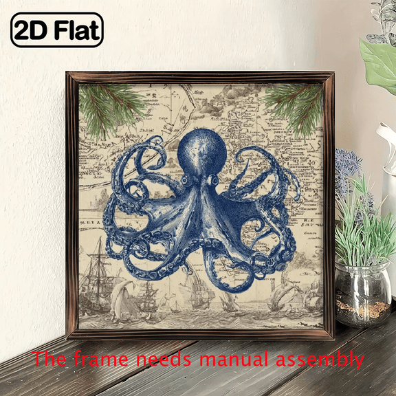 2D Flat, Vintage Navy Blue Octopus Wooden Wall Hanging - 8x8 Inch Framed Nautical Chart-Style Sea Map Decor with Octopus Ships, Wood Coastal Farmhouse Bathroom or Tabletop Decoration