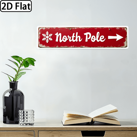 2D Flat,Vintage North Pole Direction Metal Sign - Large White Snowflake Red Arrow Wall Art with North Pole Text, Iron Christmas Decoration for Home Entryway, Farmhouse, Cabin, or Holiday Direct