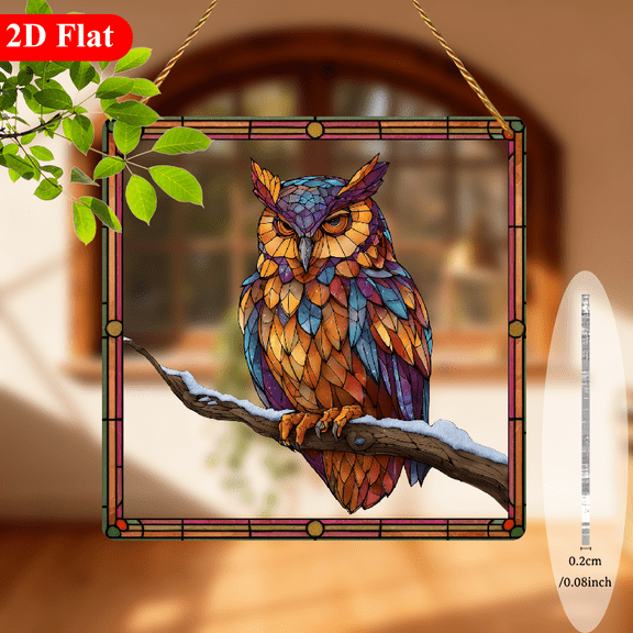 2D Flat, Vintage Owl on Tree Branch Square Acrylic Suncatcher Sign - Wall Art with Vibrant Colors, Intricate Owl Foliage Design, Lightweight Durable WindowBedroom Decor for Home, NatureTheme