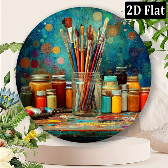 2D Flat, Vintage Paint Tools Aluminum Wall Art Sign Round Metal Decor with Artist Palette Brushes Design, Perfect for Home, Studio, or Cafe Easy to Hang, Ideal Gift for Painters and Art Lovers