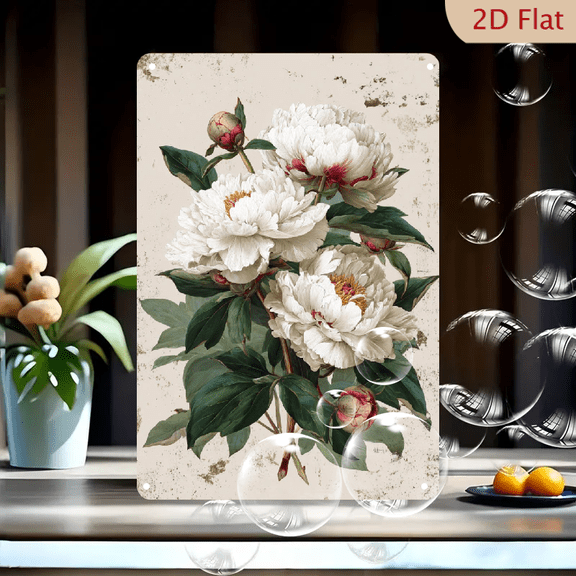 2D Flat, Vintage Peony Metal Tin Sign - Rustic White Floral Design with Distressed Textured Background, Decorative Signs & Plaques Perfect Gift, Wall Hanging 8x12 Inches, Office Decoration