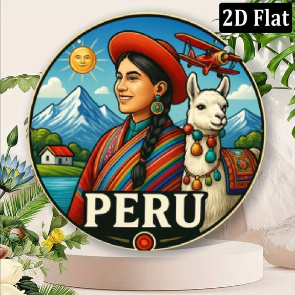 2D Flat Vintage Peruvian-Inspired 2D Flat Metal Wall Art - Aluminum Sign with Llamas, Traditional Clothing, and Mountain Landscape Design - Perfect for Home, Bar, Cafe, or Garden Decor, Indoor