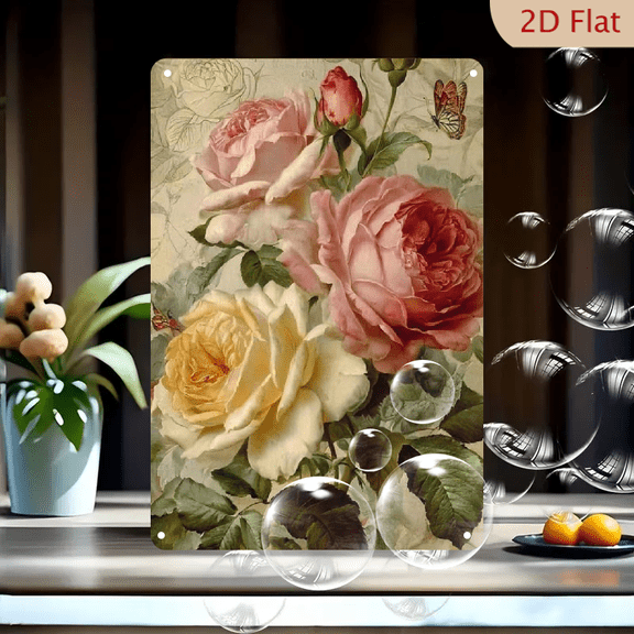 2D Flat, Vintage Pink and White Roses Tin Sign Retro Floral Wall Art for Home, Caf, Office, or Garden Decor Elegant Metal Plaque with Detailed Rose Illustrations Perfect Gift for Any 12*8in