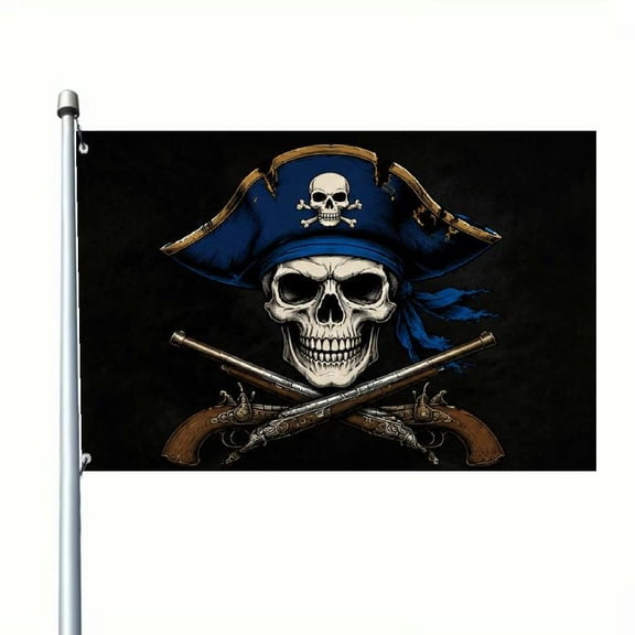 2D Flat Vintage Pirate Skull And Crossbones Flag With Blue Hat And Shackles, Double-Sided Banner For Home Yard Garden Holiday Decor, Durable Outdoor Garden Flag